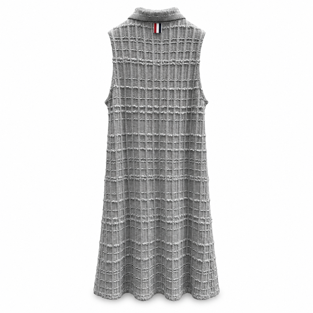 Thom Browne Style Gray Tweed Jacquard Sleeveless Polo Dress