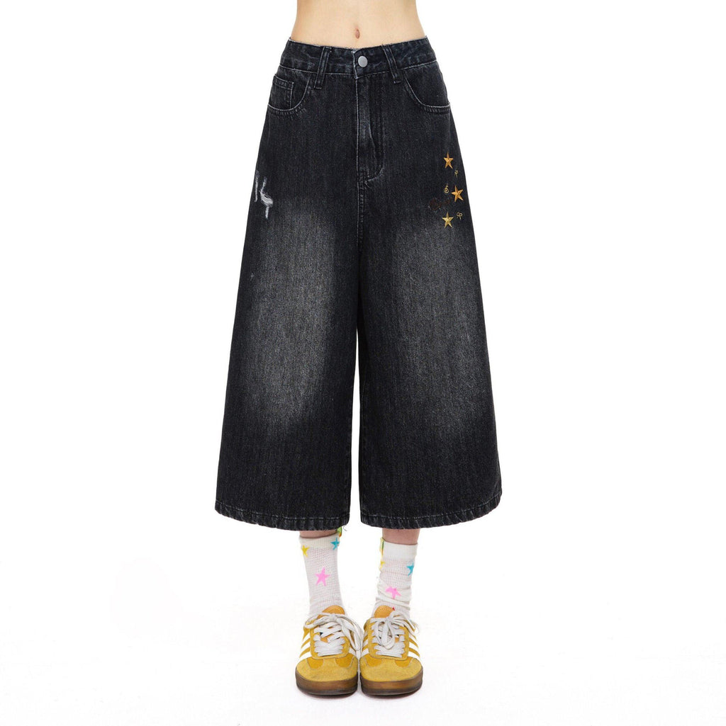 Vintage Wash Star Embroidered Denim Shorts Loose Wide Leg Capri Jeans