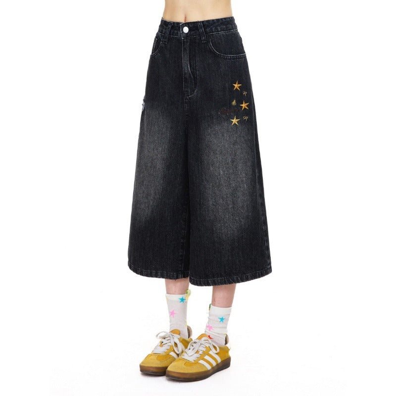 Vintage Wash Star Embroidered Denim Shorts Loose Wide Leg Capri Jeans