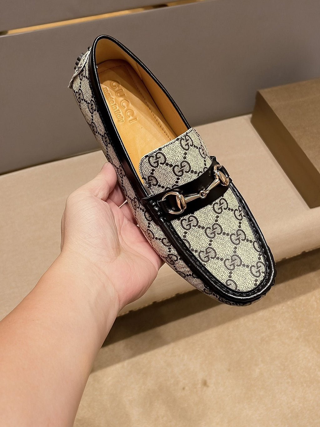 Gucci Beige and Black Gold-Hardware Loafers
