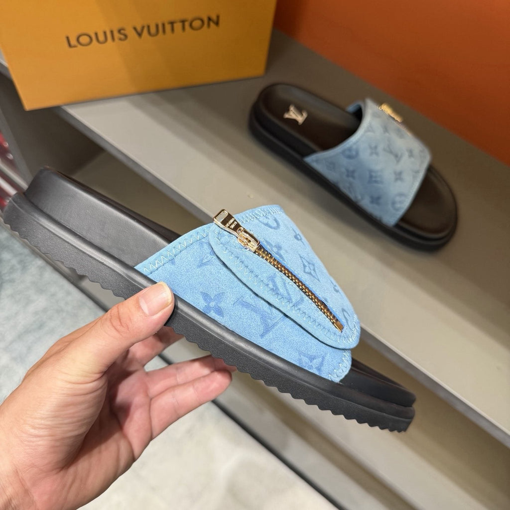 Louis Vuitton Light Blue Zip-Accent Slide Sandals