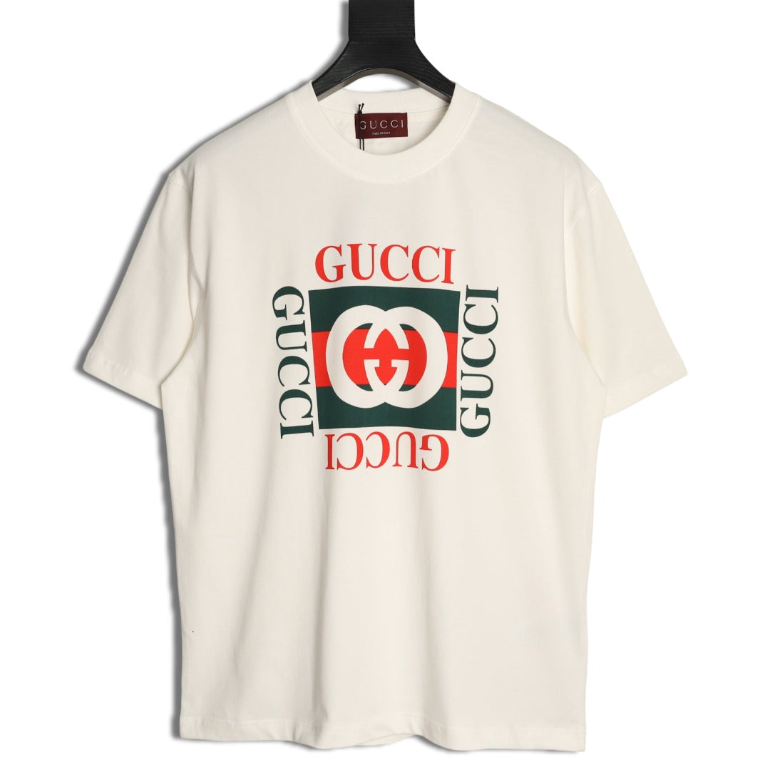 Gucci Interlocking-G Square Lettering T-Shirt - Cream with Red and Green